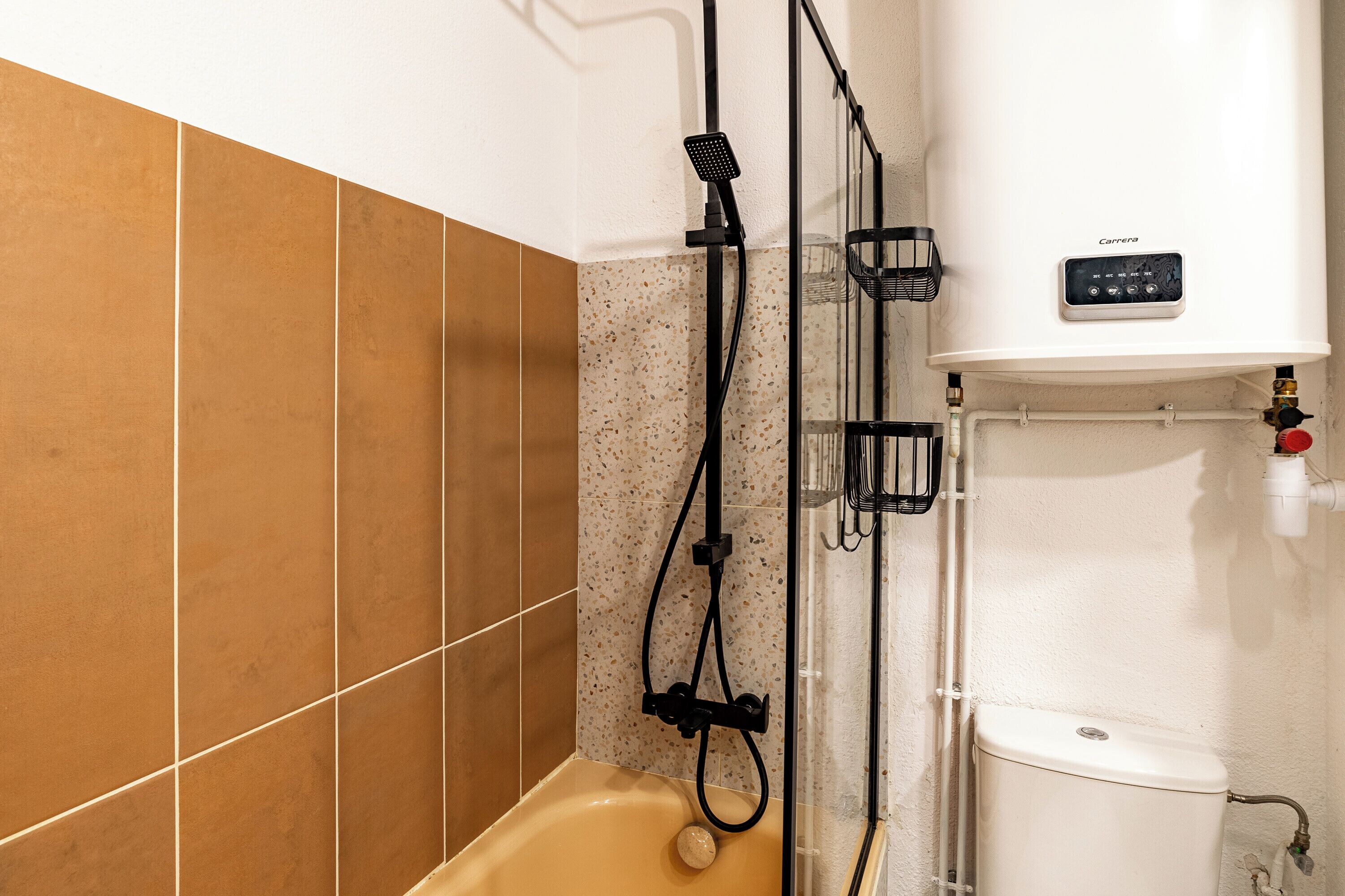 Ein Badezimmer mit Badewanne, Dusche und Toilette.
