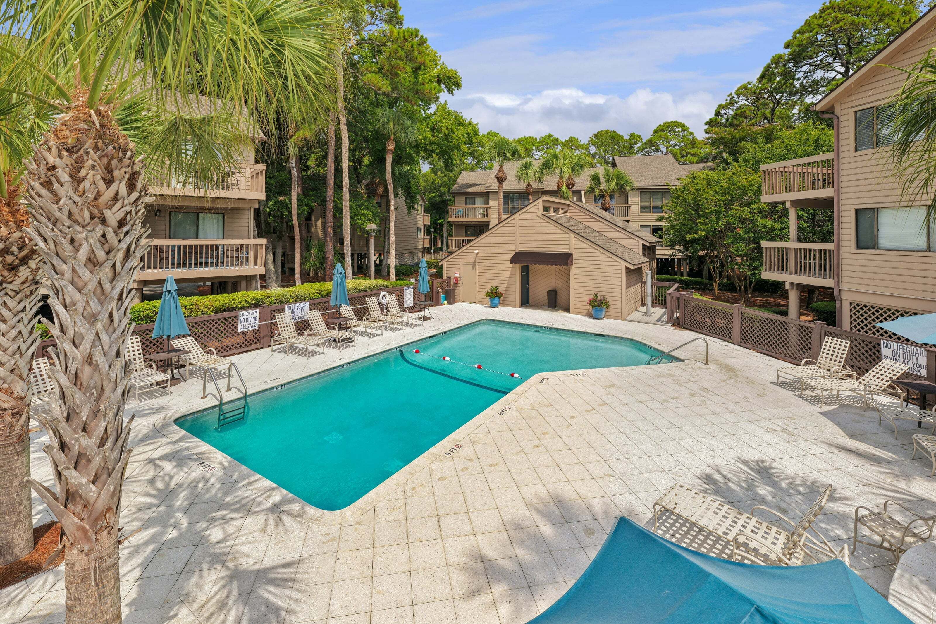 A swimming pool area with lounge chairs and umbrellas, surrounded by palm trees and residential buildings.