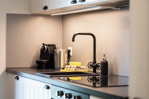 A modern kitchen with a stainless steel sink, a coffee machine, and a kettle. - A Luxurious Retreat Above Zermatt 1100 (Wallis)