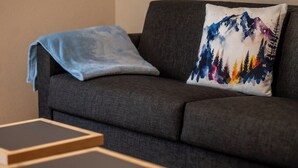 A grey sofa with a mountain landscape pillow and a blue throw blanket. - Chic Alpine Retreat with Views 1095 (Wallis)