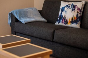 Ein graues Sofa mit einem Kopfkissen mit Berglandschaft und einer blauen Decke.