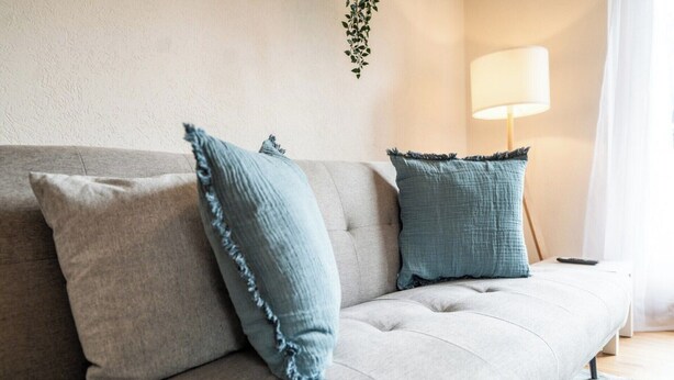 A grey sofa with two pillows, a lamp, and a hanging plant. - Sophisticated Alpine Living with Views 1091 (Wallis)