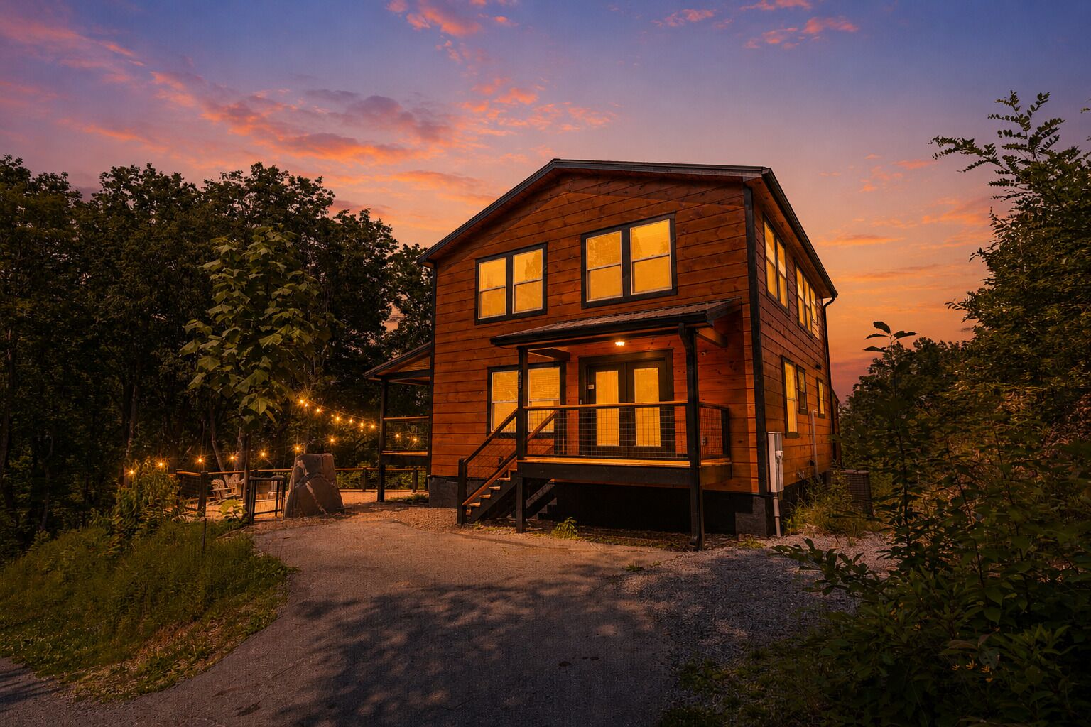 A two-story wooden cabin with a porch, surrounded by trees and string lights.