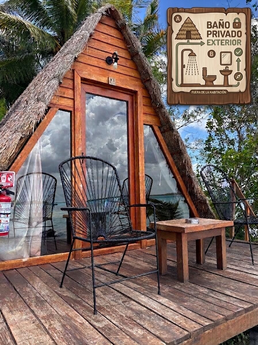 Eine Holzhütte mit einem Reetdach, einem Schild für ein privates Badezimmer im Freien und eine Holzterrasse mit Stühlen und einem Tisch.