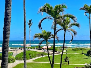 A resort with palm trees, a pool, and a view of the ocean.