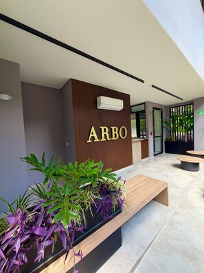 Un espace d’accueil avec un comptoir en bois, une enseigne indiquant « ARBO », et un bac à plantes contenant des plantes vertes et violettes.