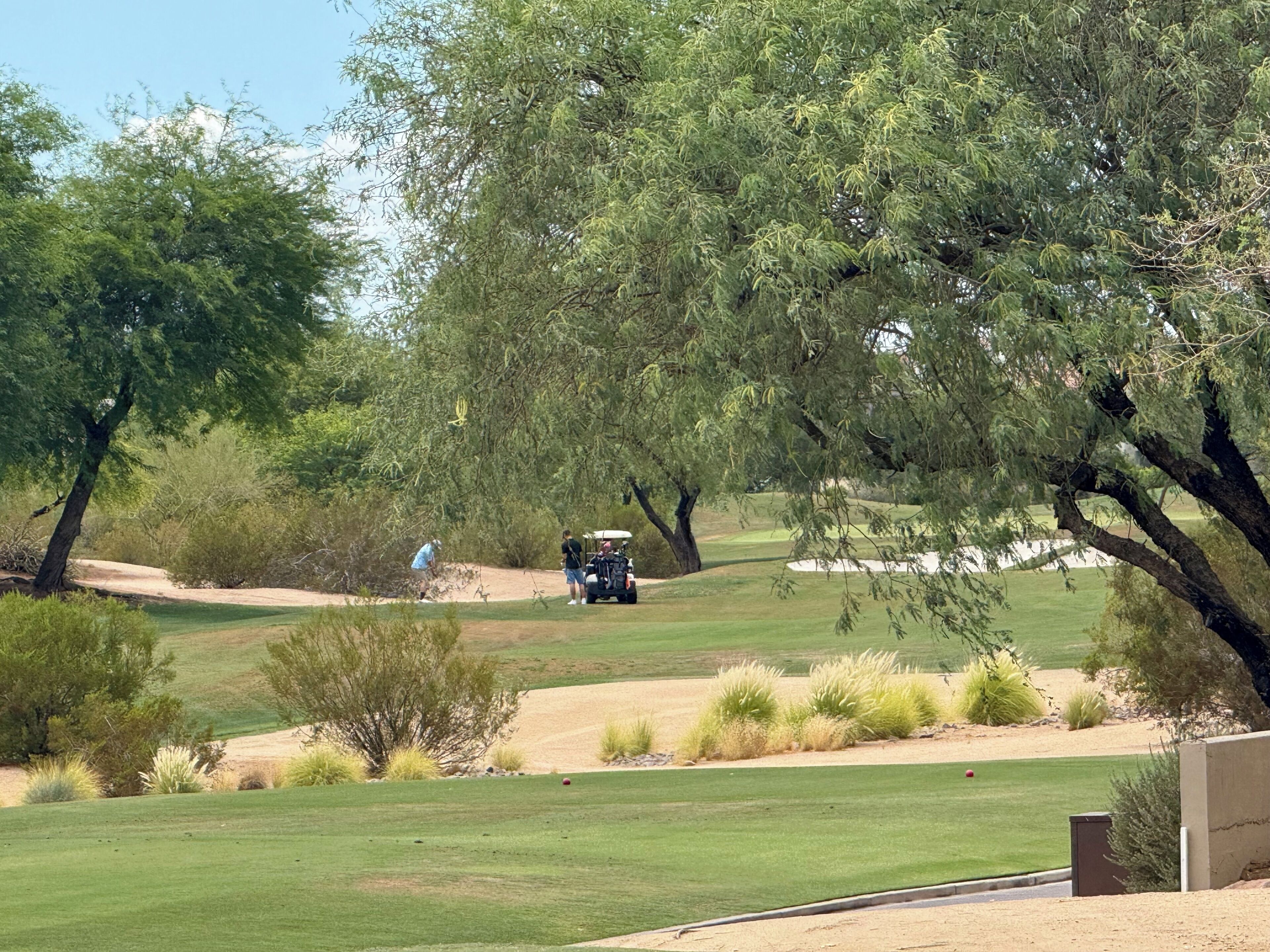 A golf course with a cart, trees, and a clear sky.