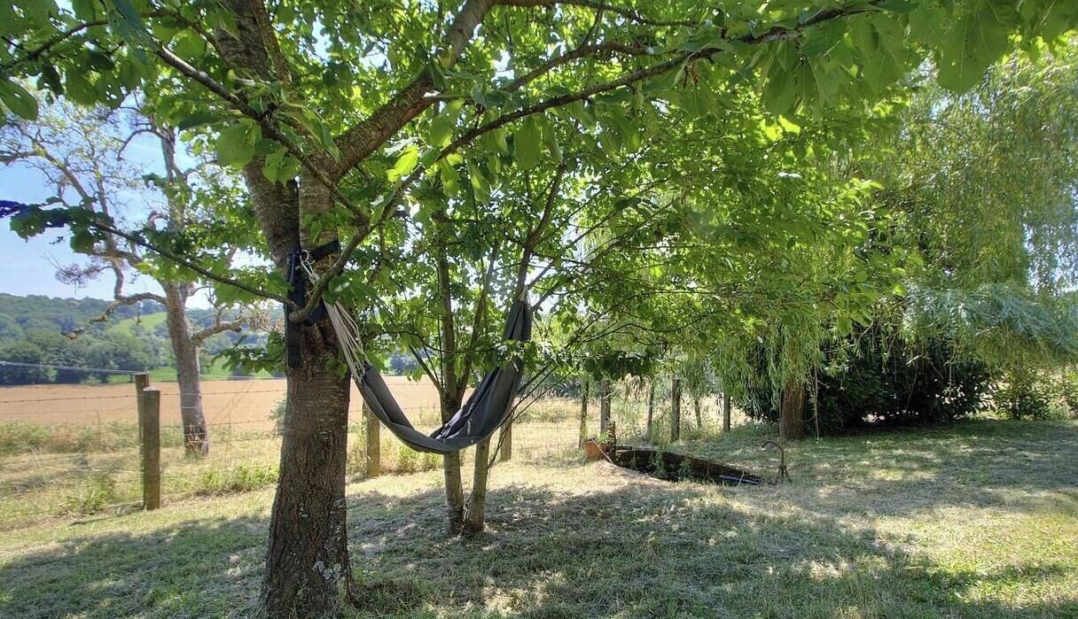 A hammock hanging between trees in a grassy area with a fence and a field in the background.