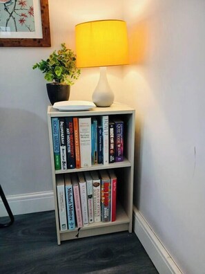 A corner bookshelf with a lamp and a potted plant. - #43 Digbeth Private Studio Apart (West Midlands)