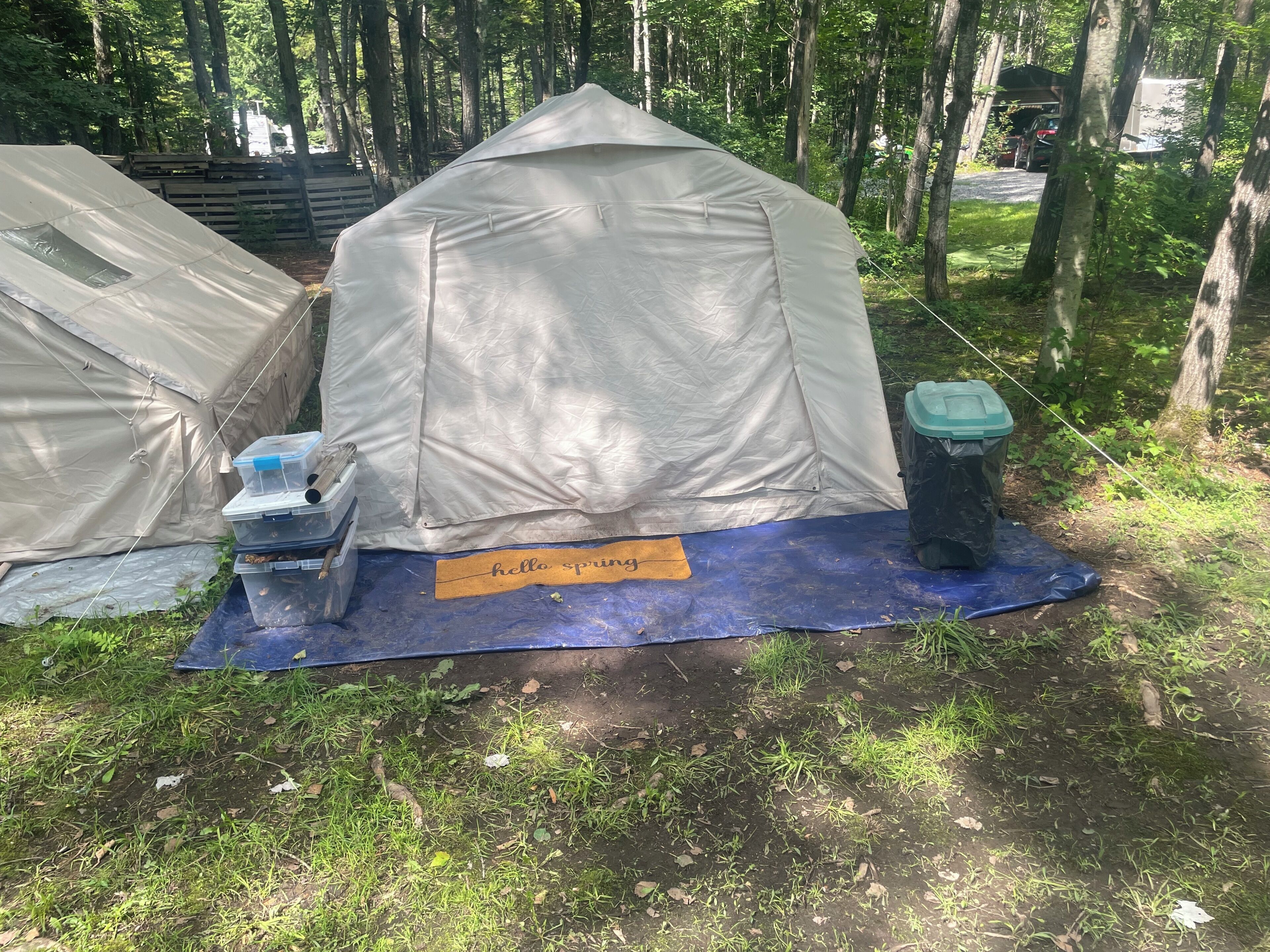 A tent set up in a wooded area with a blue tarp on the ground.