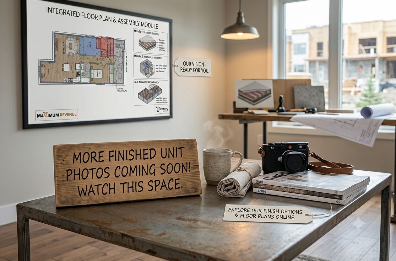 A framed architectural floor plan on a wall, a sign with construction updates, and a table with design materials.