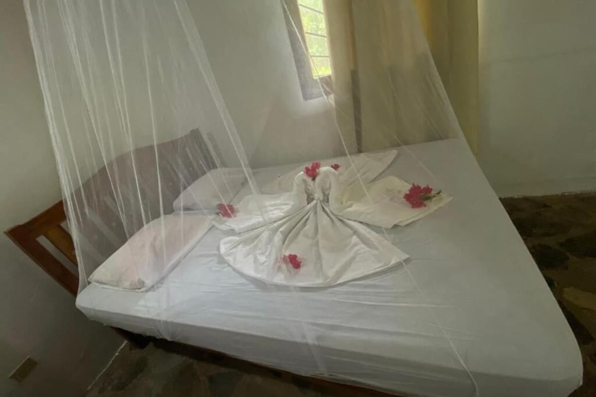A bed with a white mattress, a wooden frame, and a canopy.