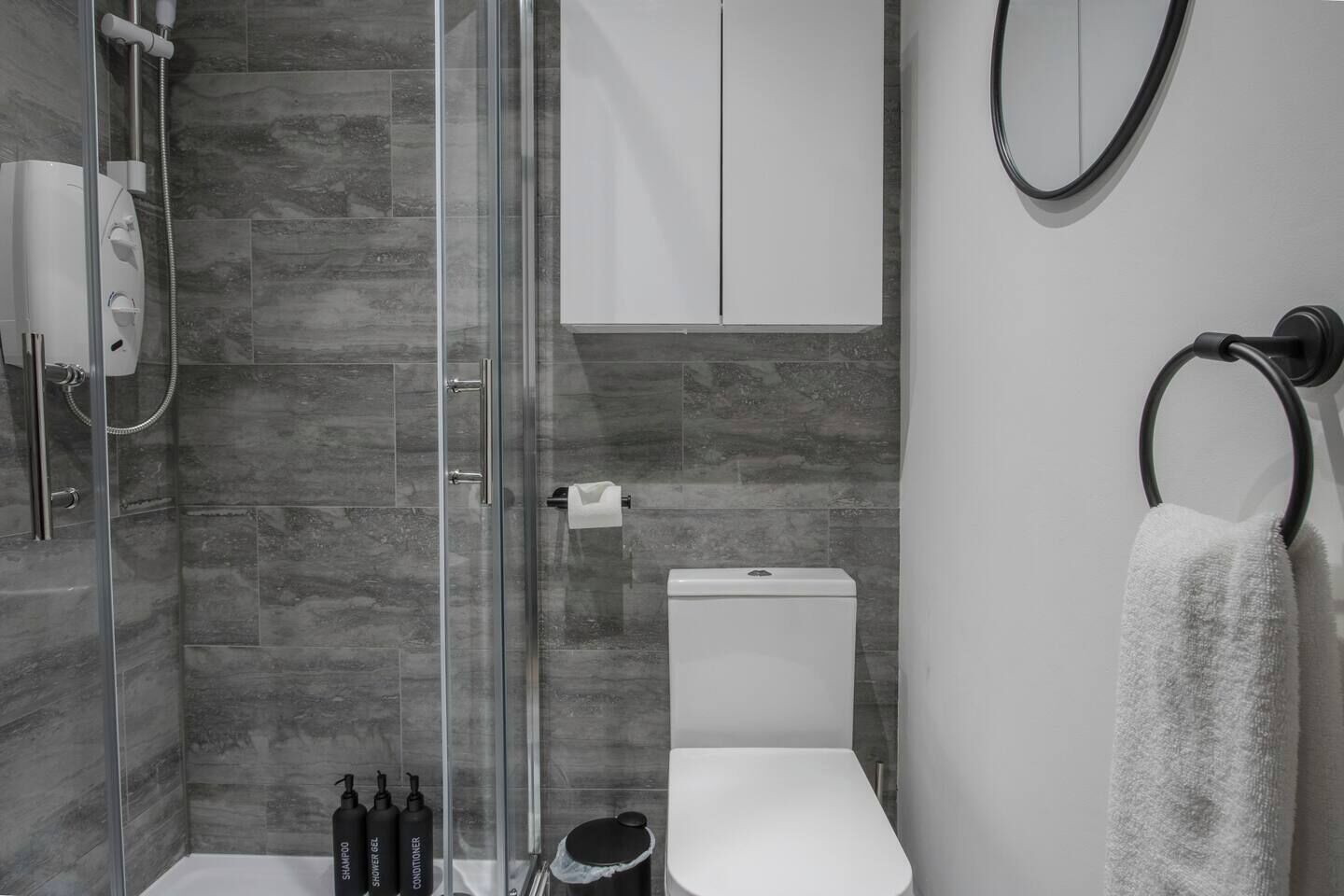 Hair dryer, towels, soap, shampoo