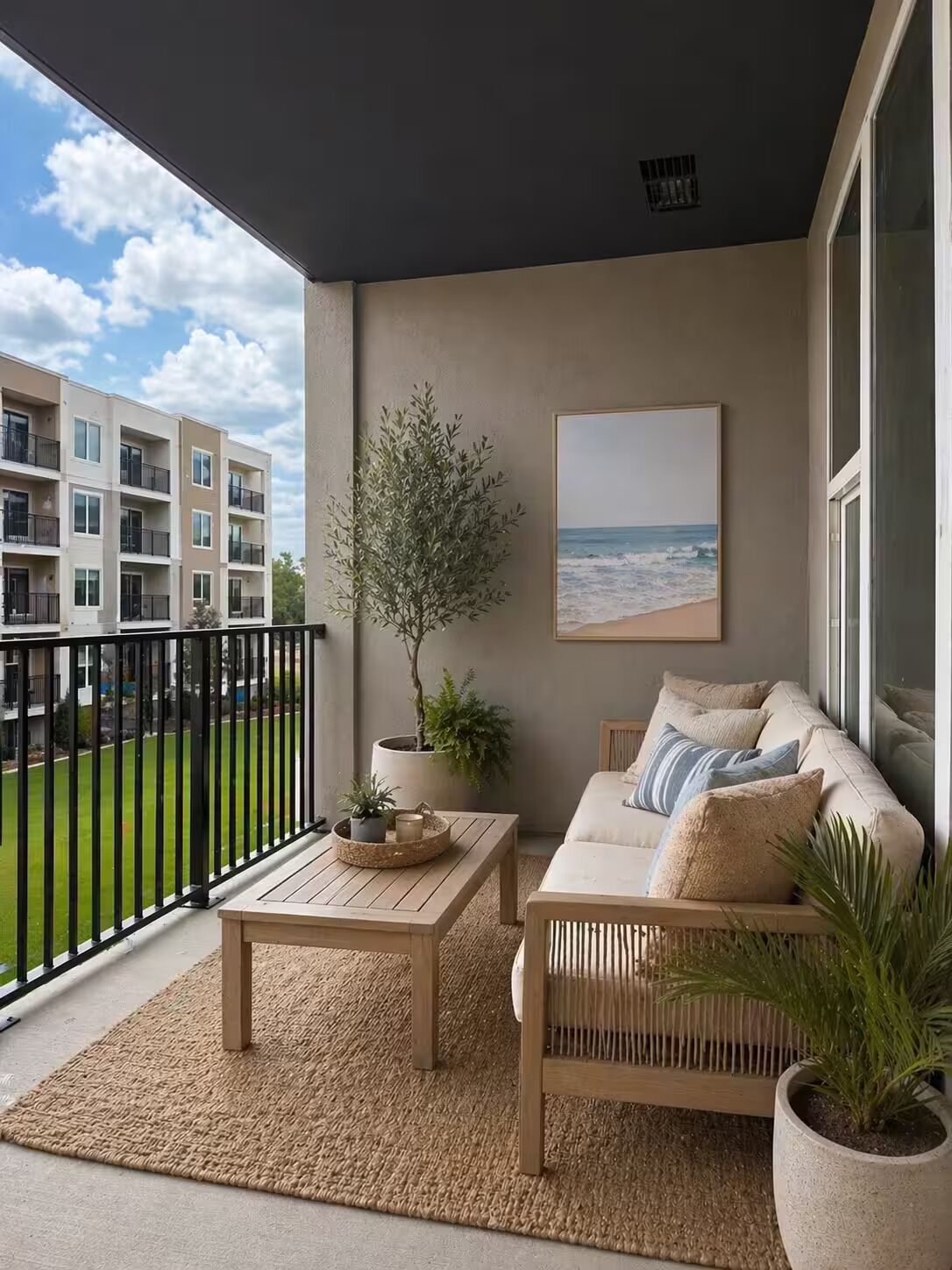 A balcony with a sofa, coffee table, and potted plants.
