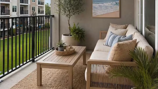Un balcón con sofá, una mesa de centro y plantas en macetas.