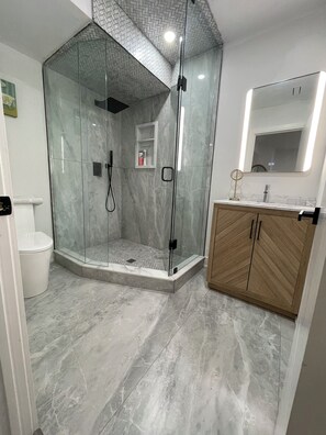 Douche, séchoir à cheveux, serviettes fournies, savon