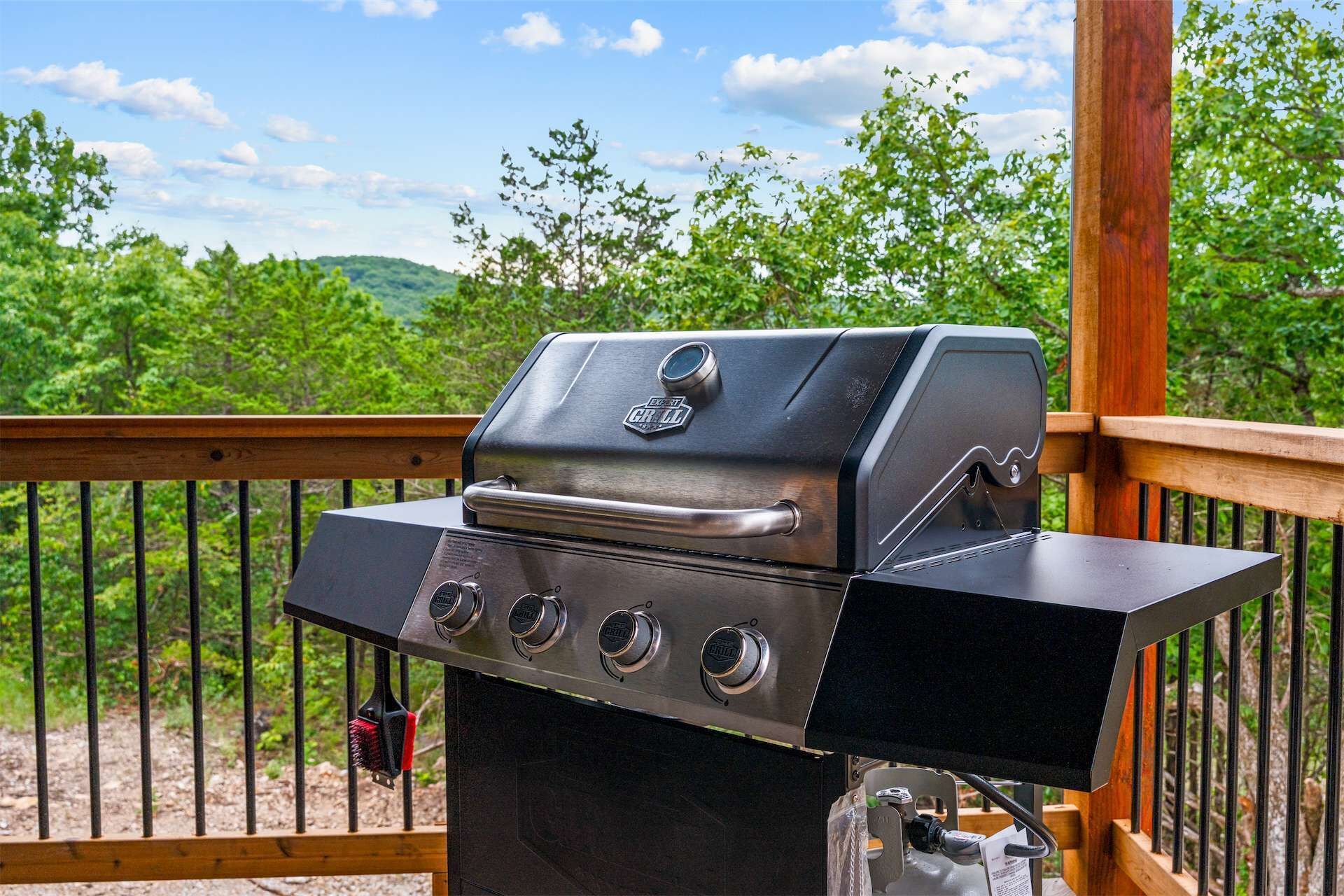 Un barbecue installé sur une terrasse extérieure, offrant une vue sur les arbres et les collines.