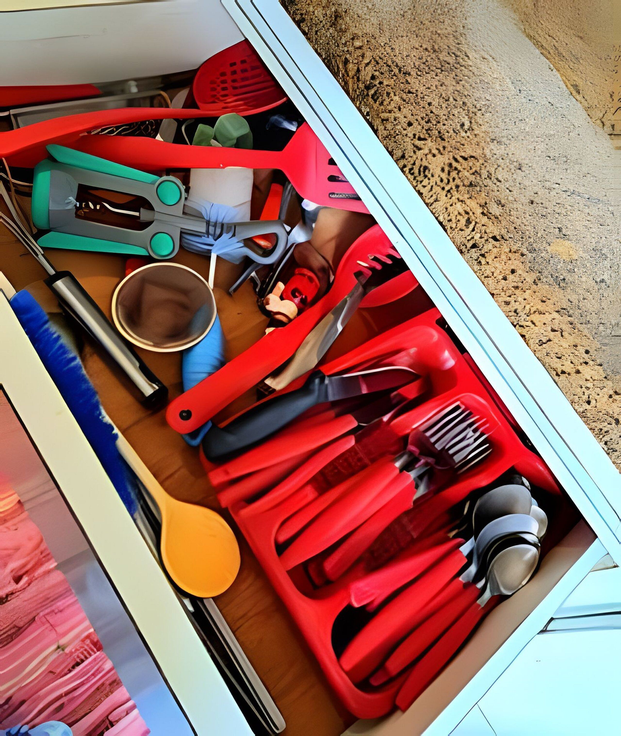 A drawer containing various kitchen utensils and tools, including a whisk, spatulas, and a grater.