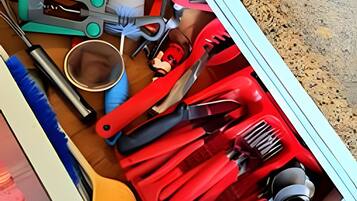 A drawer containing various kitchen utensils and tools, including a whisk, spatulas, and a grater.