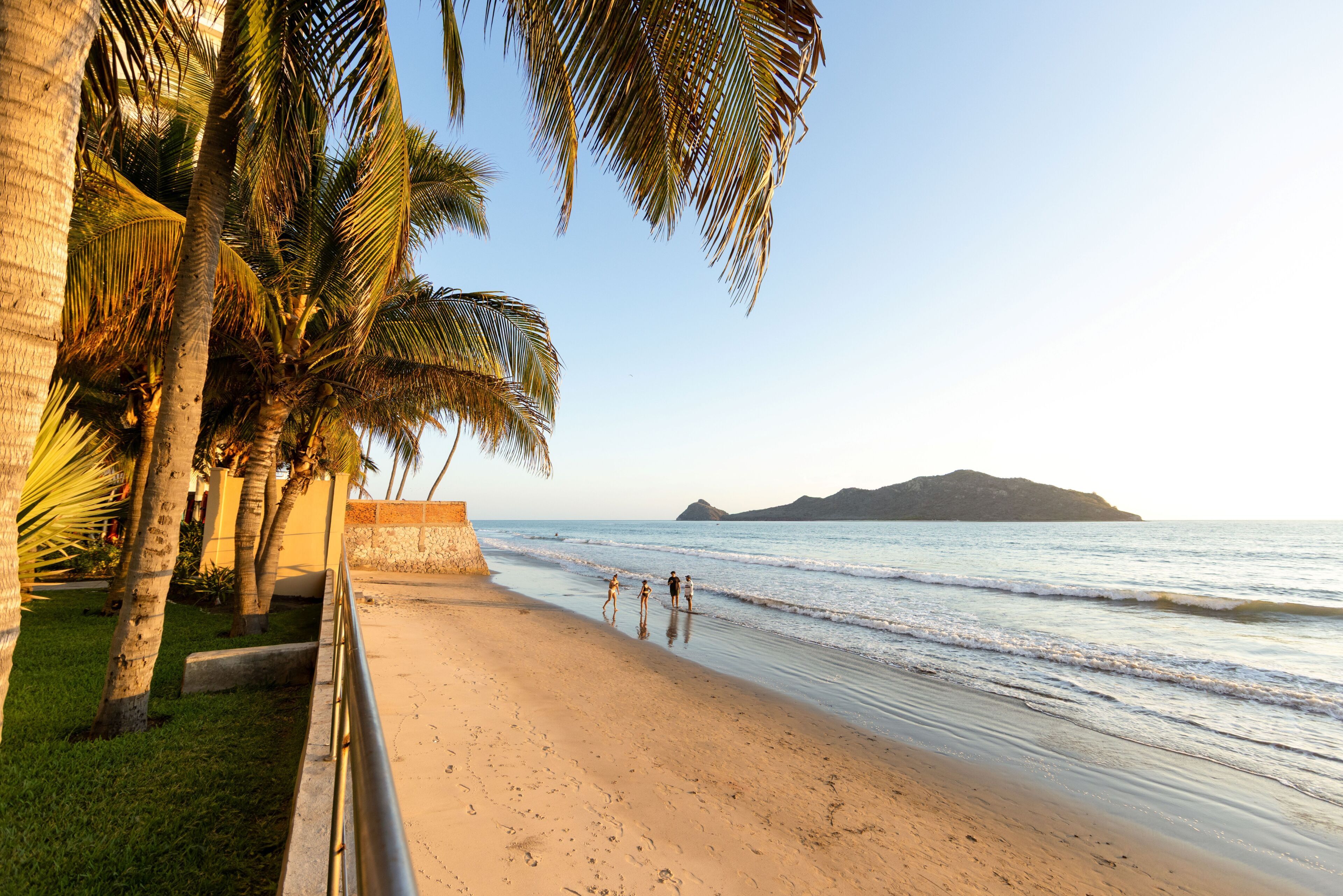 Una playa con palmeras, un muro de piedra e huellas en la arena.