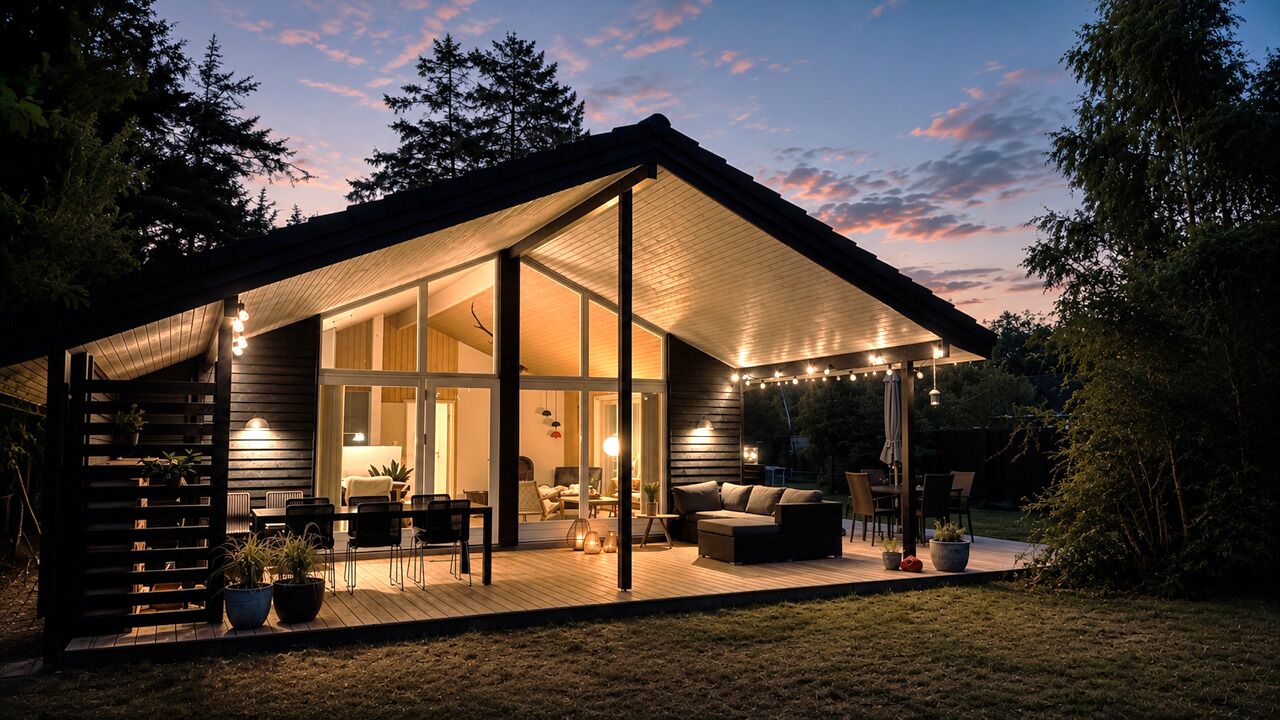 A modern house with a large deck, glass doors, and outdoor furniture.