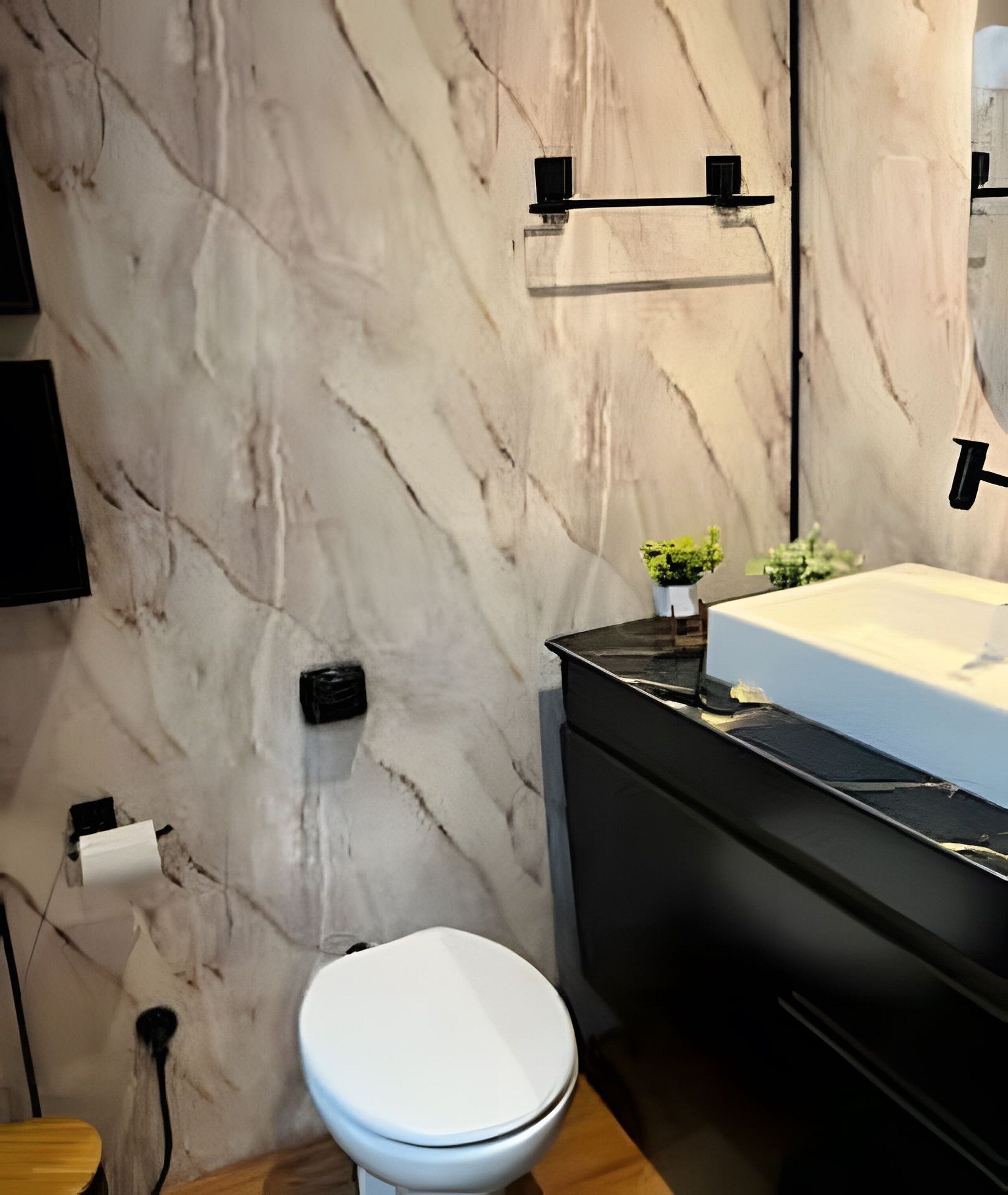A bathroom with a marble wall, a white toilet, a black vanity with a sink, and a small plant on the counter.