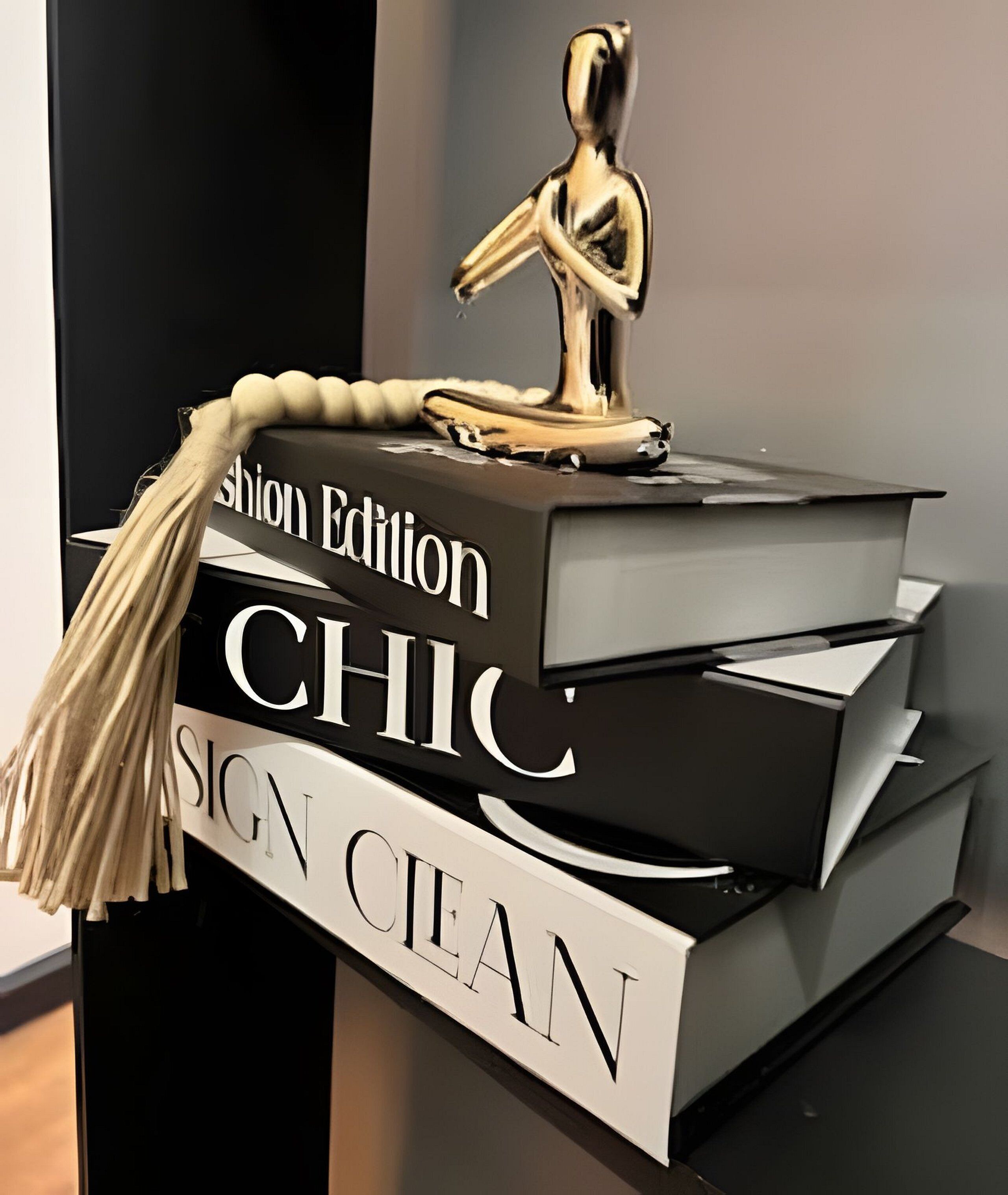 A stack of books with the titles 'Fashion Edition,' 'CHIC,' and 'SIGN CLEAN' on a black shelf.