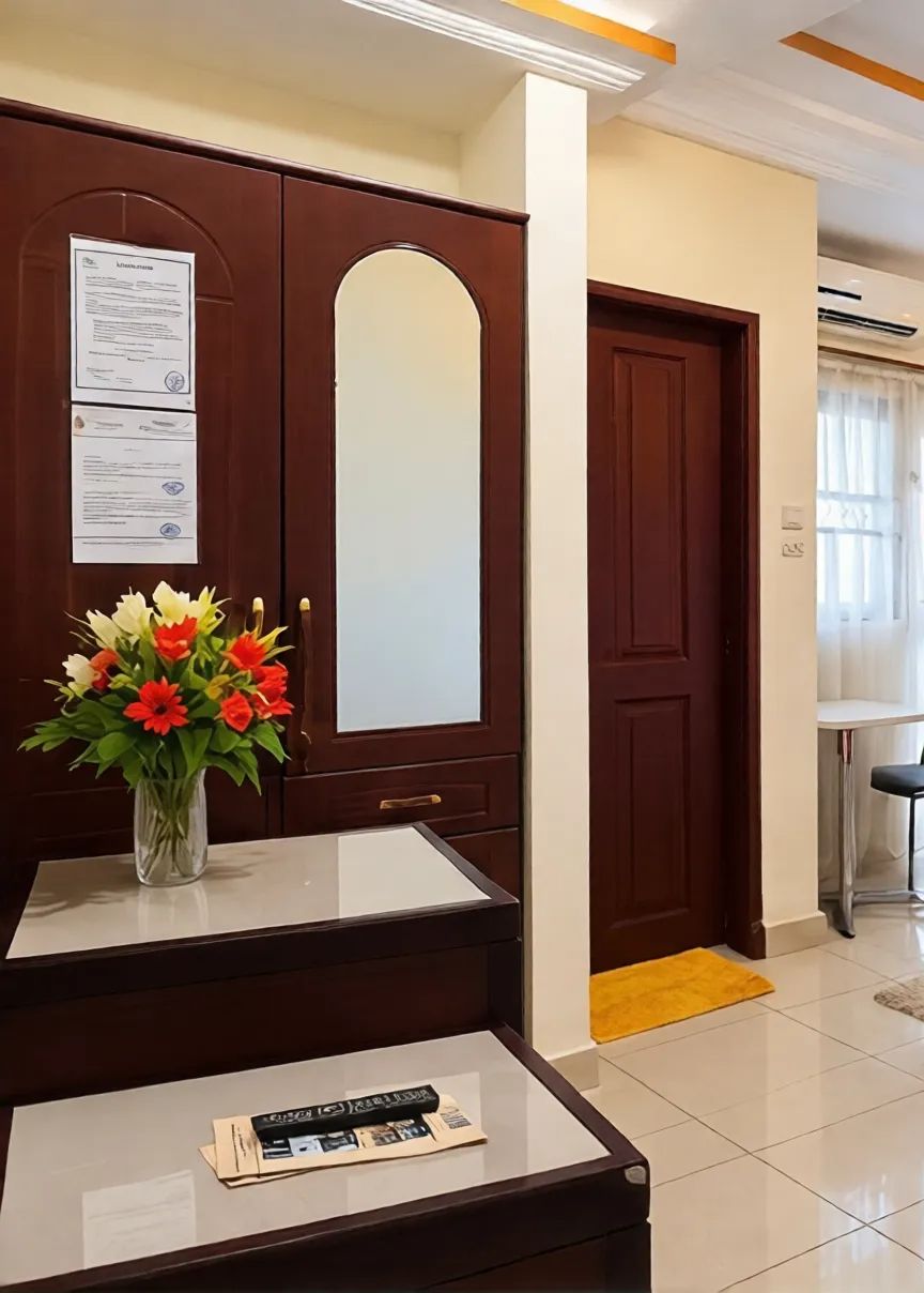 A reception desk with a vase of flowers, a framed certificate, and a remote control on a table.