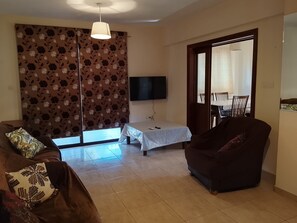 Una sala de estar con sofá, una silla, un televisor y un área de comedor visible a través de un vidrio.