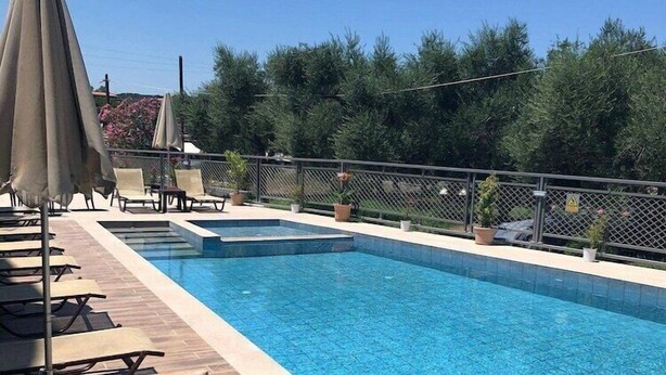Ein Schwimmbecken mit Liegestühlen und Sonnenschirmen, umgeben von einer Hecke und Grünpflanzen.
