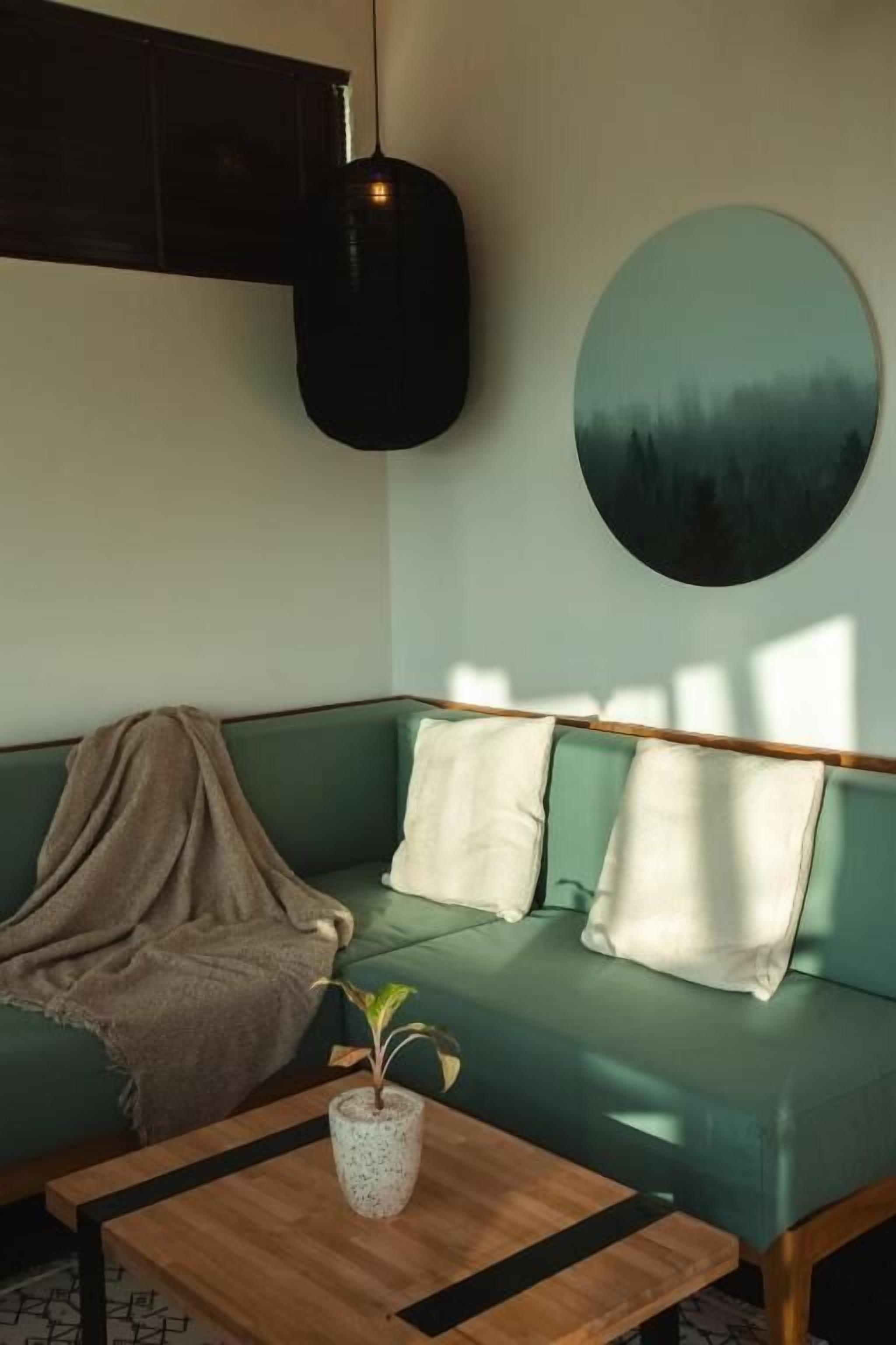 Una habitación con un sofá verde, una mesa de centro de madera con una planta, y un adorno redondo en la pared.