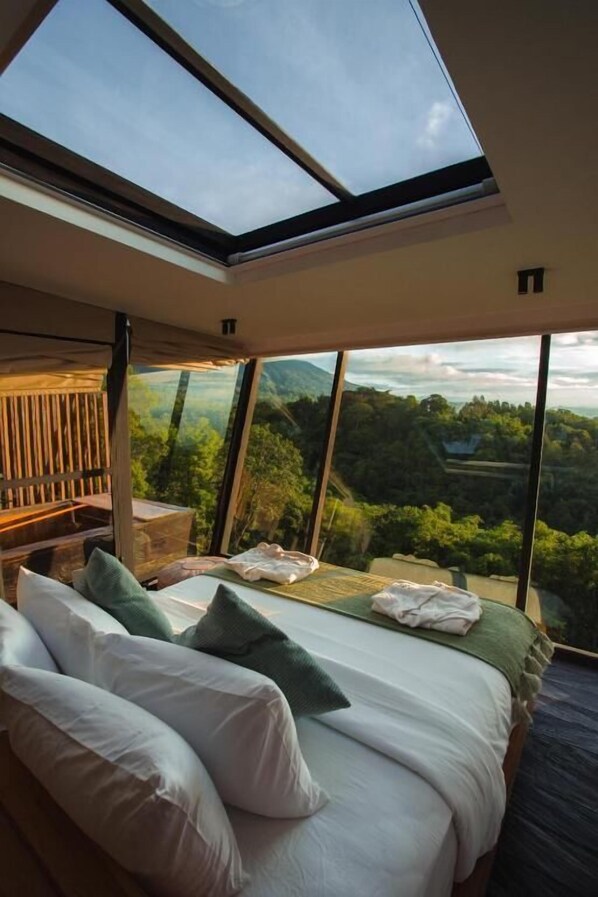A bedroom with a skylight, a bed, and a view of a forested landscape.