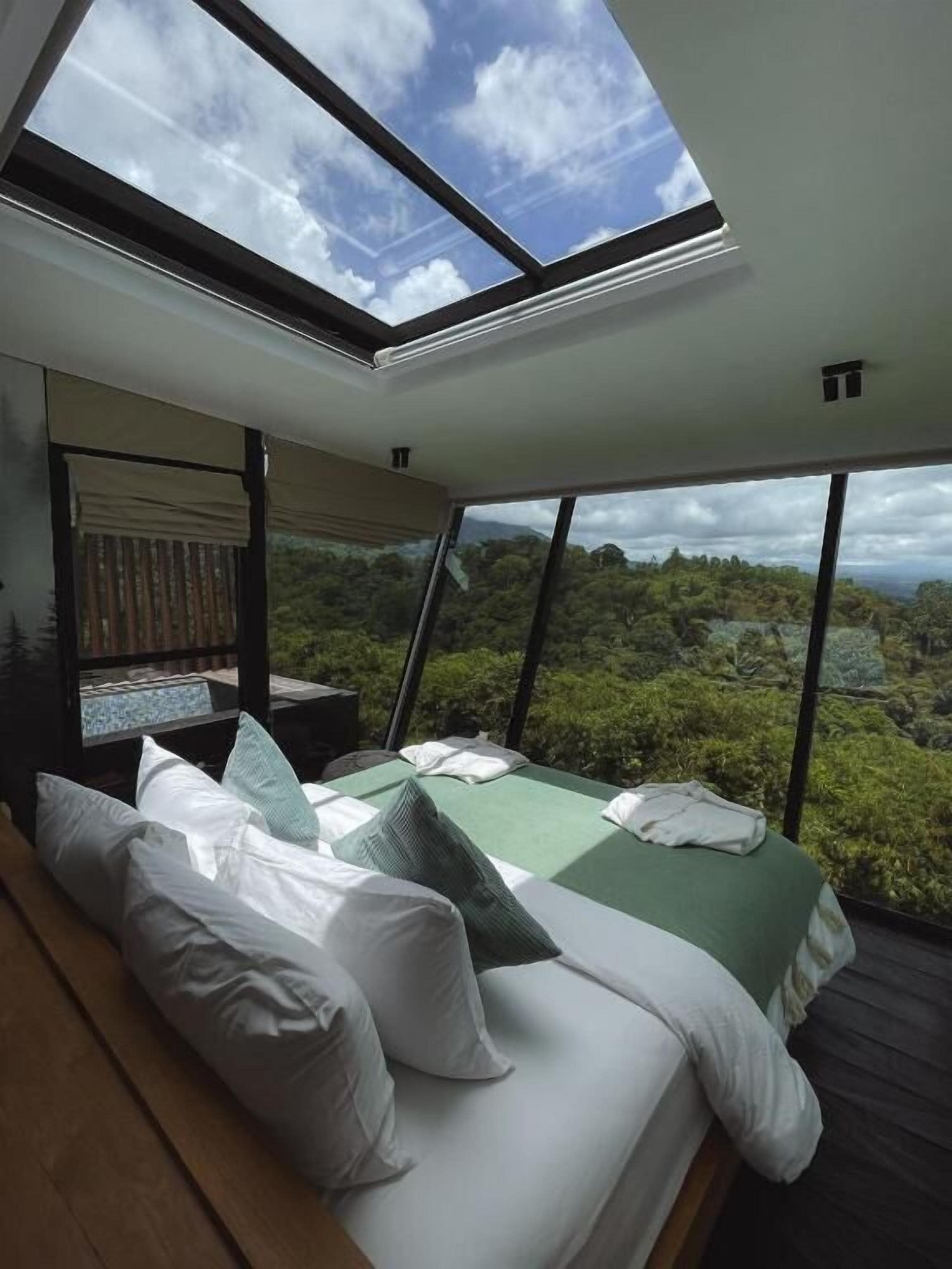 A bedroom with a skylight, a bed with pillows, and a view of the forest.