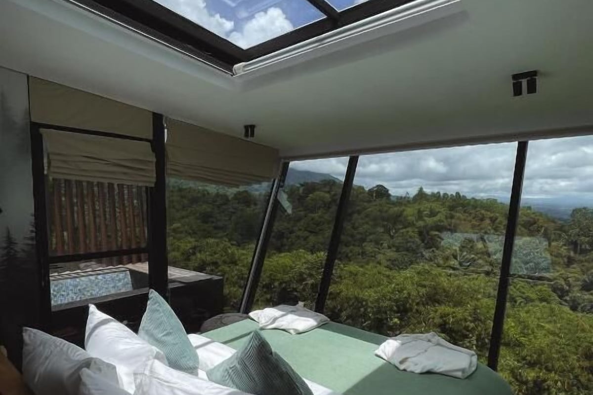 Un dormitorio con tragaluz, cama con almohadas y vista al bosque.