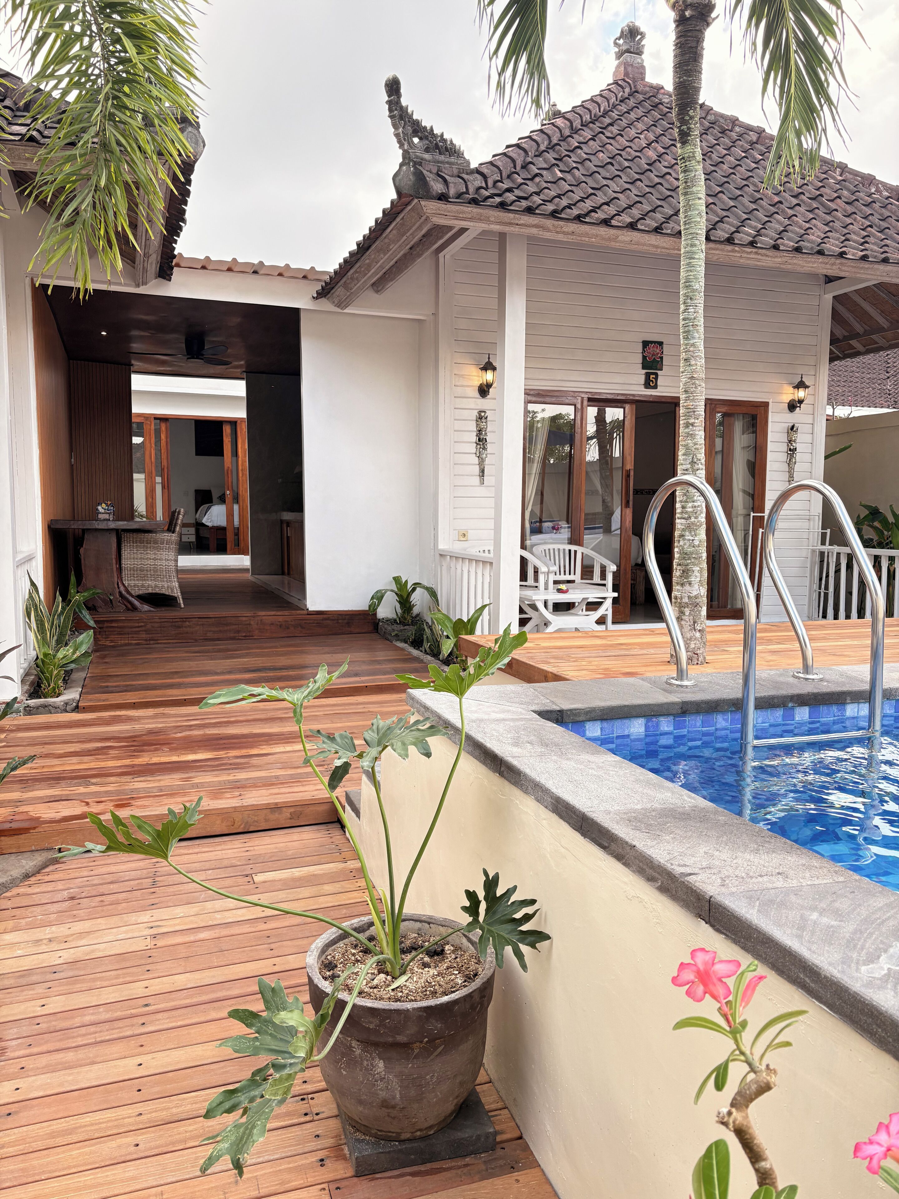 Una piscina al aire libre, sombrillas, tumbonas