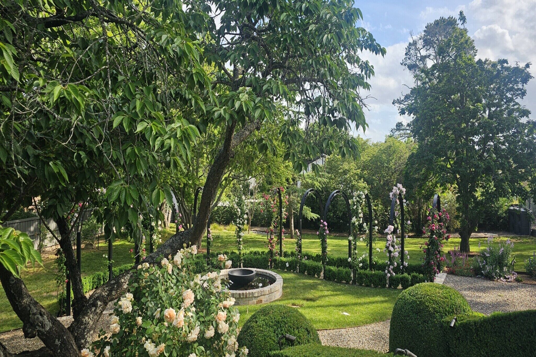 A well-maintained garden with a circular water feature, neatly trimmed hedges, and flowering plants.