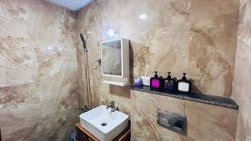 Shower, bidet, towels, soap
