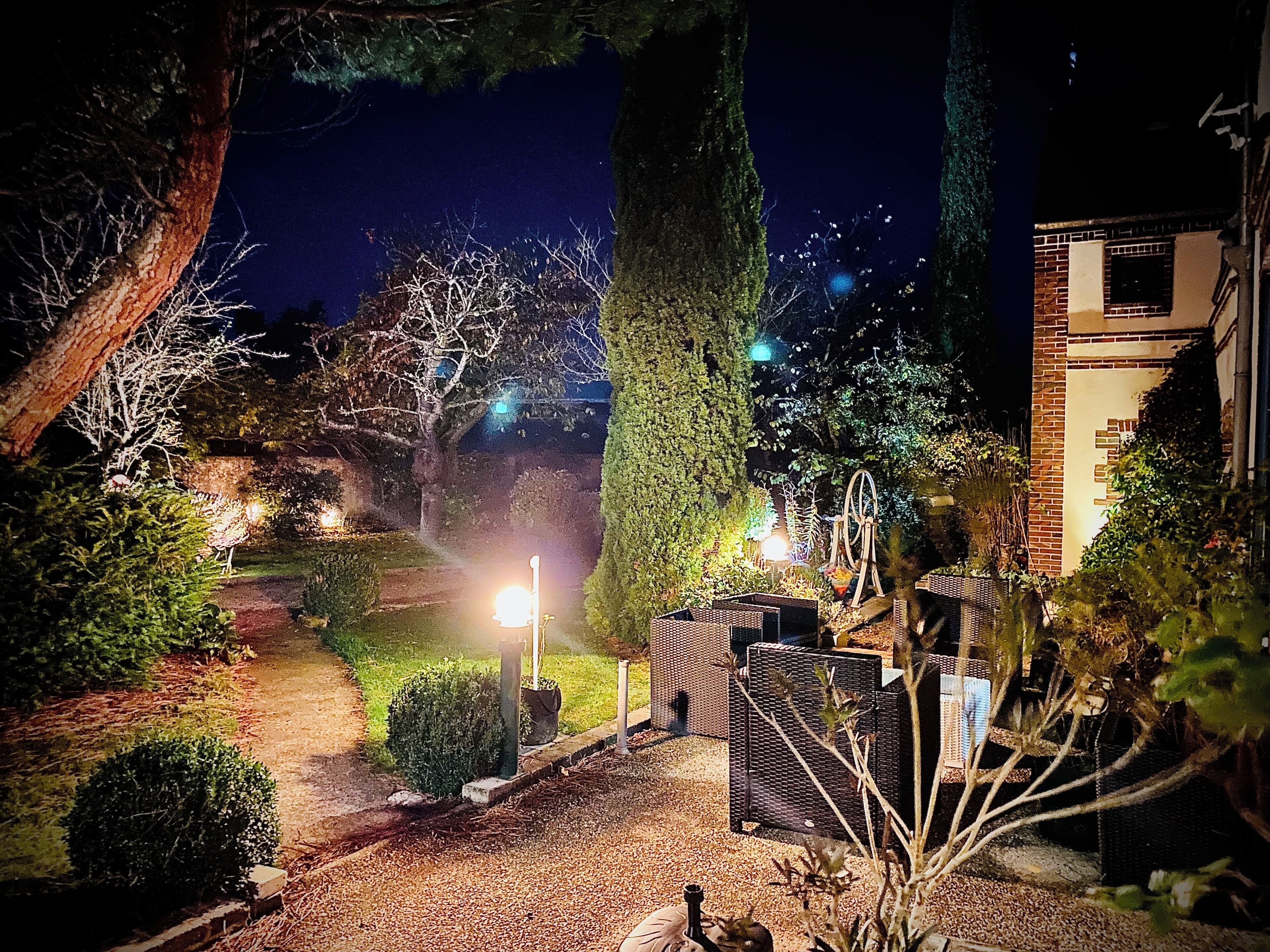 Un jardin nocturne avec un chemin de gravier, un grand arbre et un bâtiment en briques.