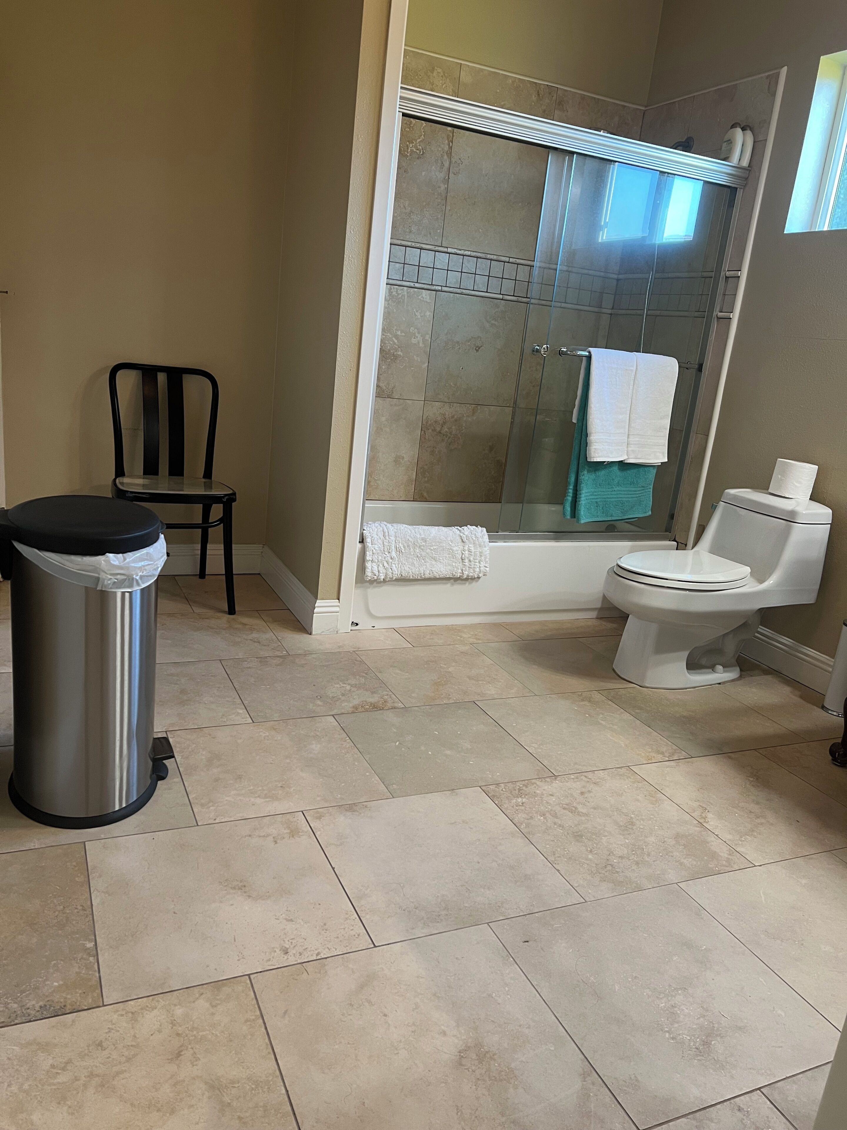 A bathroom with a shower, toilet, and trash can.