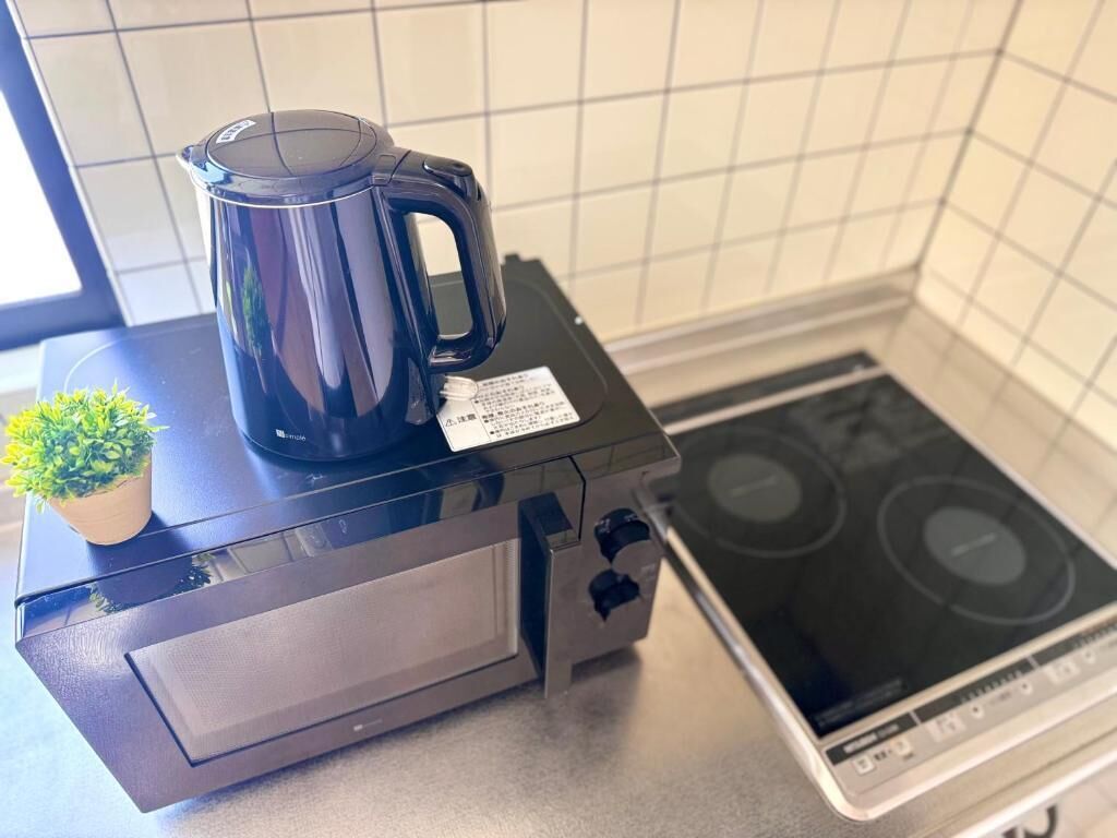 Una cuina amb fogó, un brossa i una petita planta en test sobre el taulell.