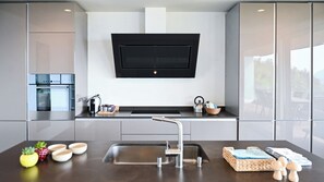 A modern kitchen with a built-in TV, stainless steel appliances, and a sleek countertop. - Luxury Corba Lake View Apartment with Terrace (Canobbio)