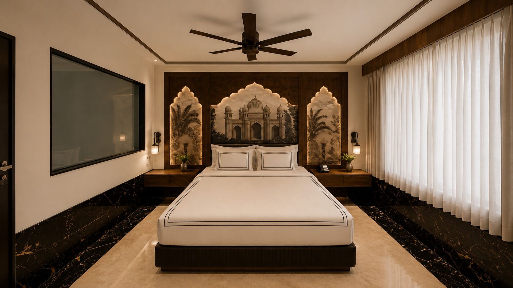 A bedroom with a large bed, a ceiling fan, a wall-mounted TV, and a decorative mural.