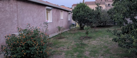 A house with a tiled roof, a small garden with orange flowers, and a tree.