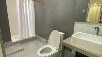 Regadera, bidet, toallas, jabón