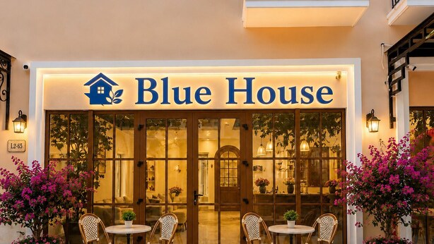 Exterior de un hotel llamado 'Blue House', con un letrero iluminado grande, entrada de vidrio y mesas y sillas de mimbre al aire libre.