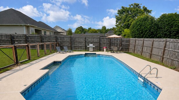 A rectangular swimming pool with a tiled edge, surrounded by a wooden fence, and a patio area with chairs and a table. - In-ground Pool | 5BR | Family Friendly (Warner Robins)