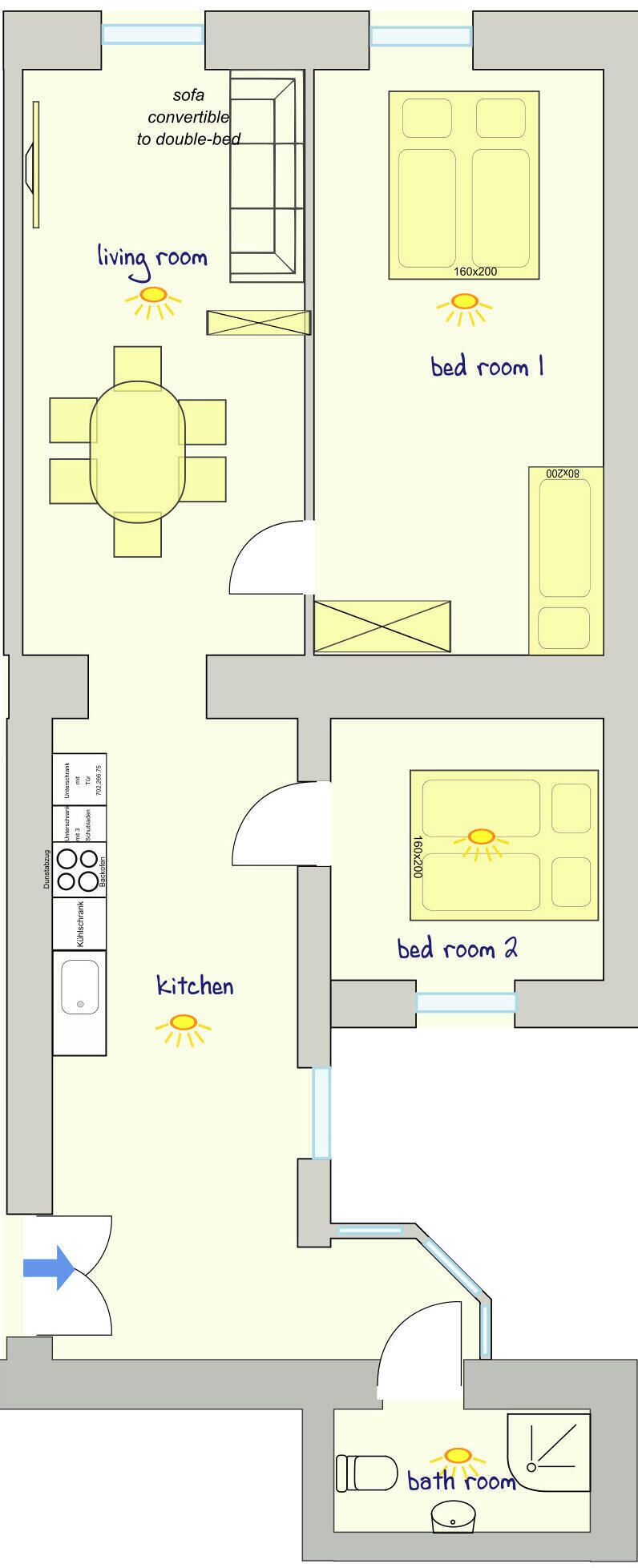 A floor plan with a living room, two bedrooms, a kitchen, and a bathroom.