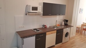 A compact kitchen with a microwave, sink, stove, and dishwasher. - Sobieski Inner Ring Apartments A12 (Vienna)