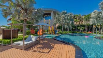 Indoor pool, outdoor pool, pool umbrellas, sun loungers