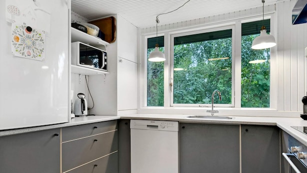 Una cocina con lavavajillas integrado, ventana con vista a follaje e iluminación colgante.